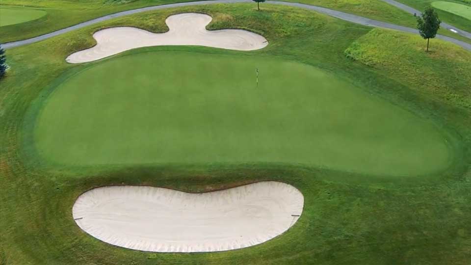 An overhead view of the 8th hole at Whistle Bear Golf Club